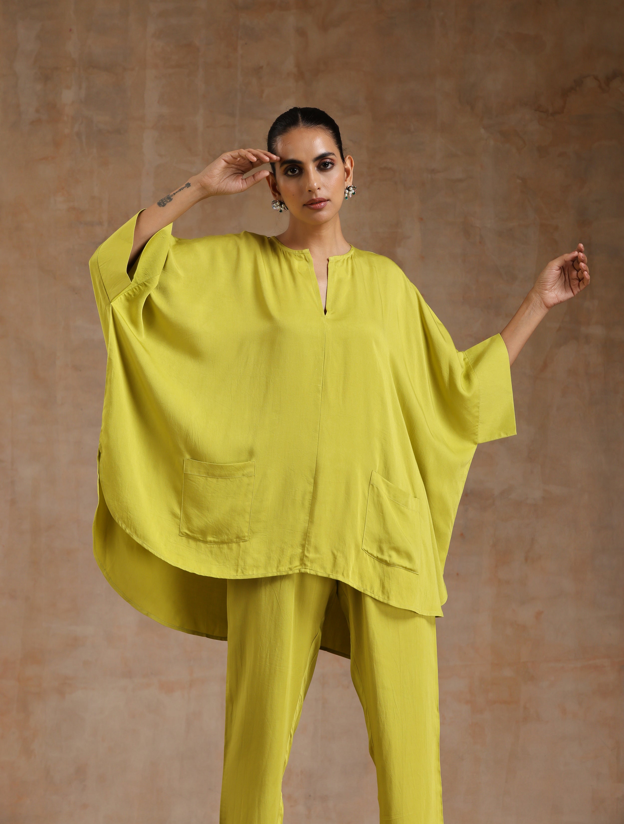 trueBrowns Lime Modal Satin Boxy Fit High-Low Co-Ord Set - Distacart