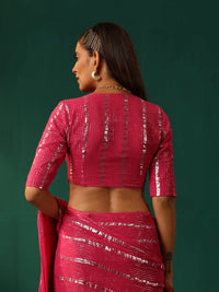 Thumbnail for trueBrowns Rani Pink Cotton Silver Lurex Deep V-Neck Blouse - Distacart