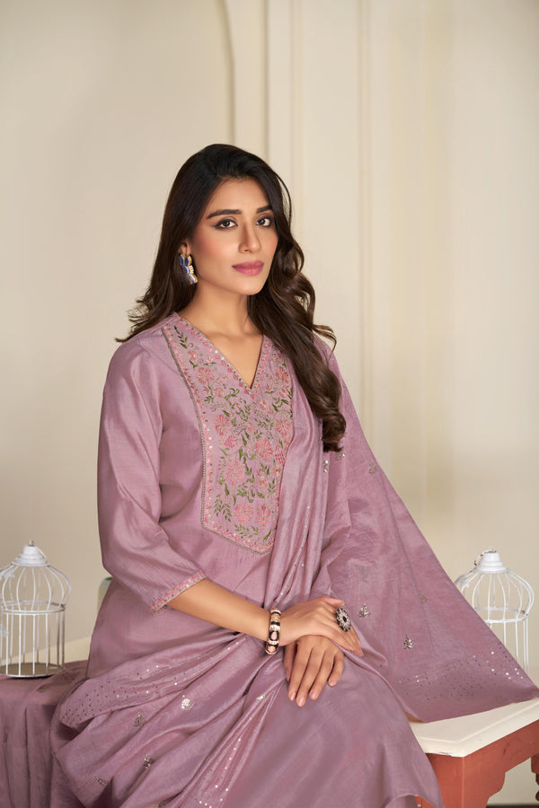 BulBul Preksha Mauve & Green Embroidered Roman Silk Salwar Suit