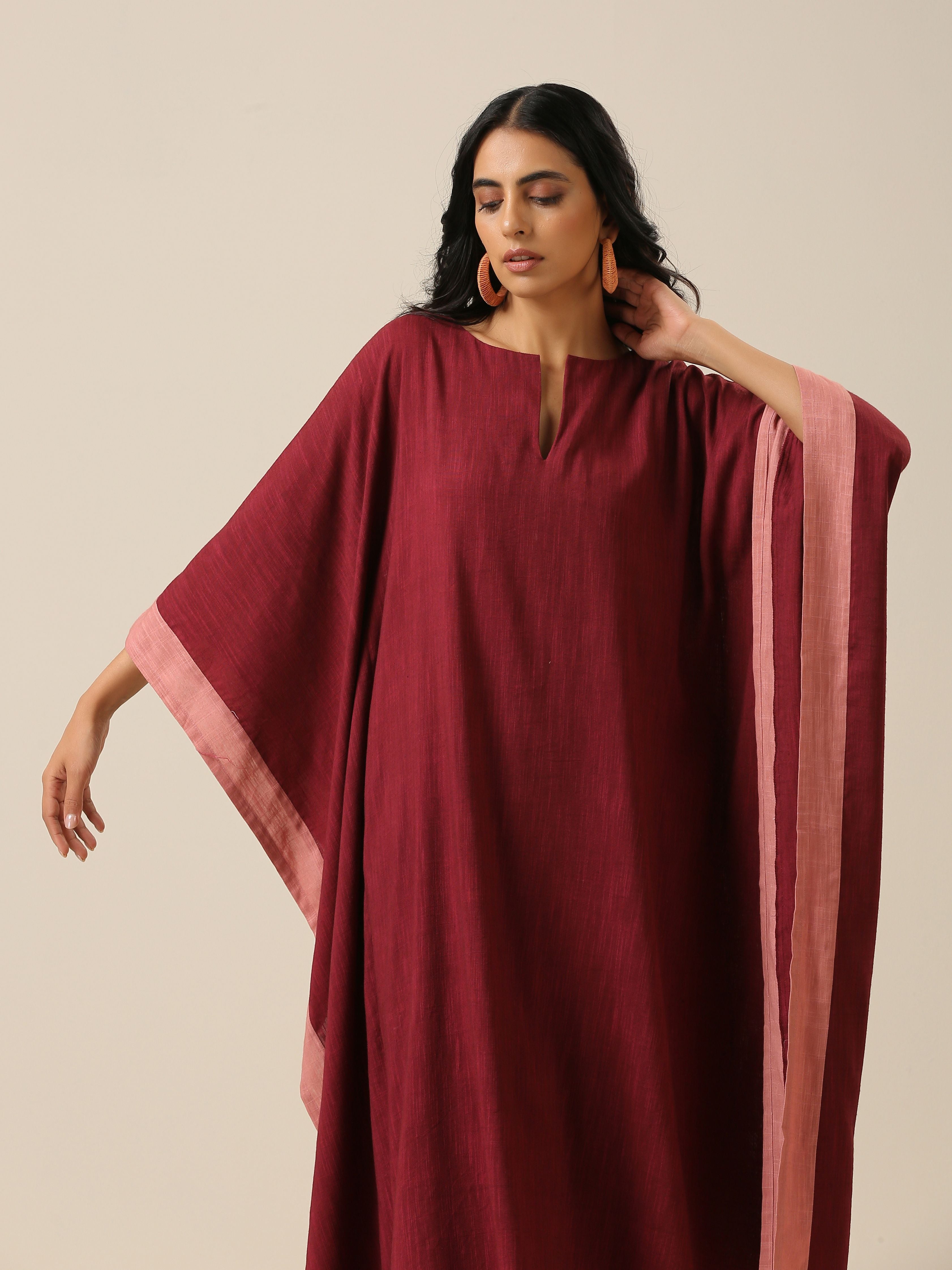 trueBrowns Ruby Wine Slub Texture High Low Kaftan Pant Set | Relove