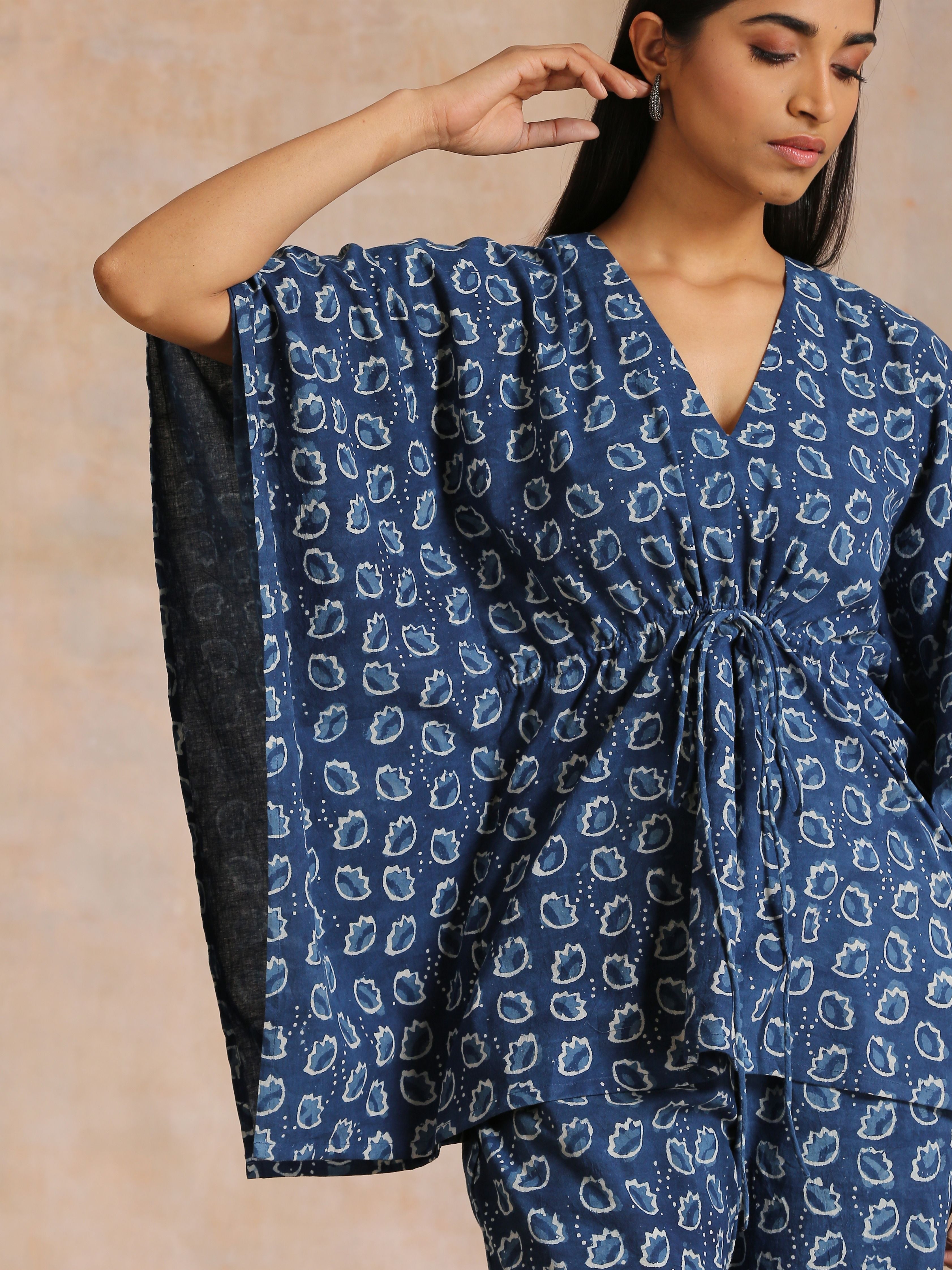 trueBrowns Indigo Dabu Floral Print Cotton Kaftan Co-Ord Set - Distacart