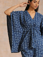 Thumbnail for trueBrowns Indigo Dabu Floral Print Cotton Kaftan Co-Ord Set - Distacart