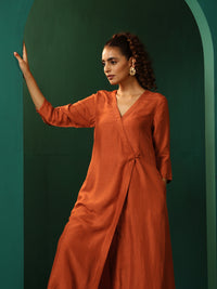 Thumbnail for trueBrowns Rust Silk Angrakha Kurta Pant Set - Distacart
