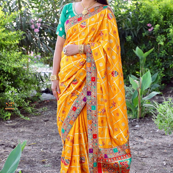 Lorenvalley Fashion Premium Yellow Dola Silk Embroidery and Diamond work with Jacquard Lace Border Saree - Distacart