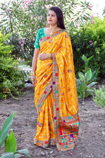 Thumbnail for Lorenvalley Fashion Premium Yellow Dola Silk Embroidery and Diamond work with Jacquard Lace Border Saree - Distacart
