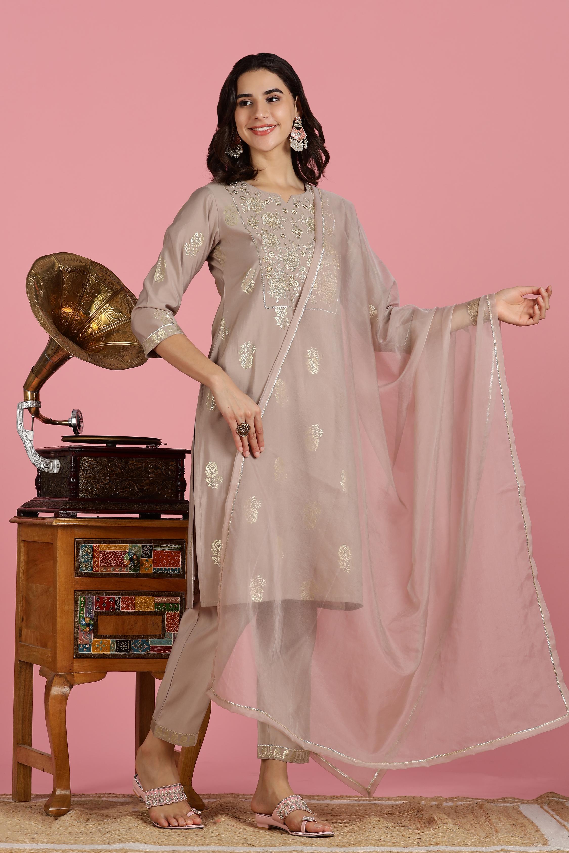 BulBul Women’s Mocha Mousse Embroidered Kurta Set with Dupatta