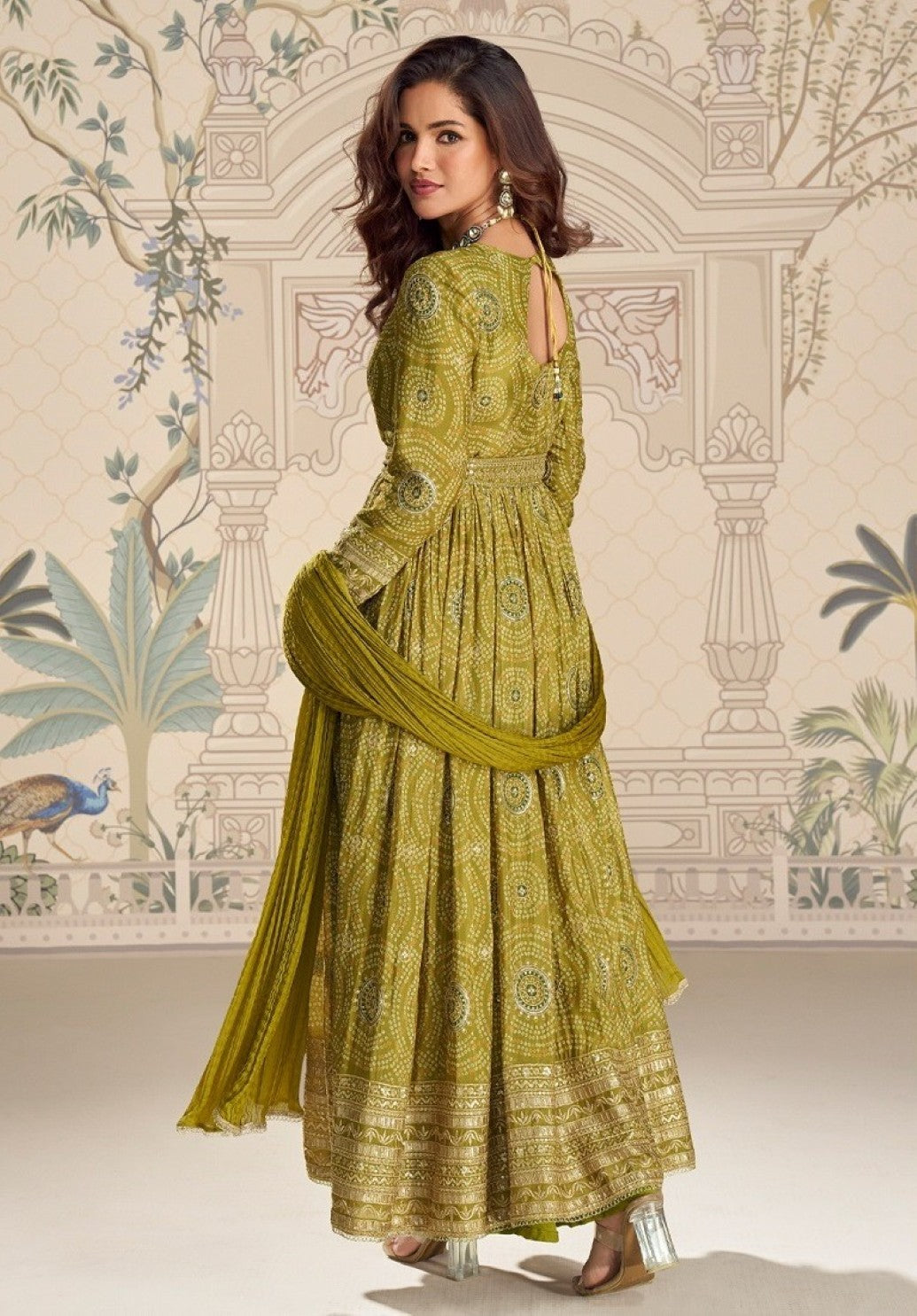 Anaita Mehendi Chinon Anarkali Readymade Suit with Embroidery & Coding Work - Dista