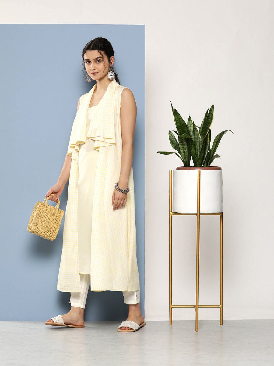 Ahalyaa Women White & Yellow Checked Crepe Kurta - Distacart