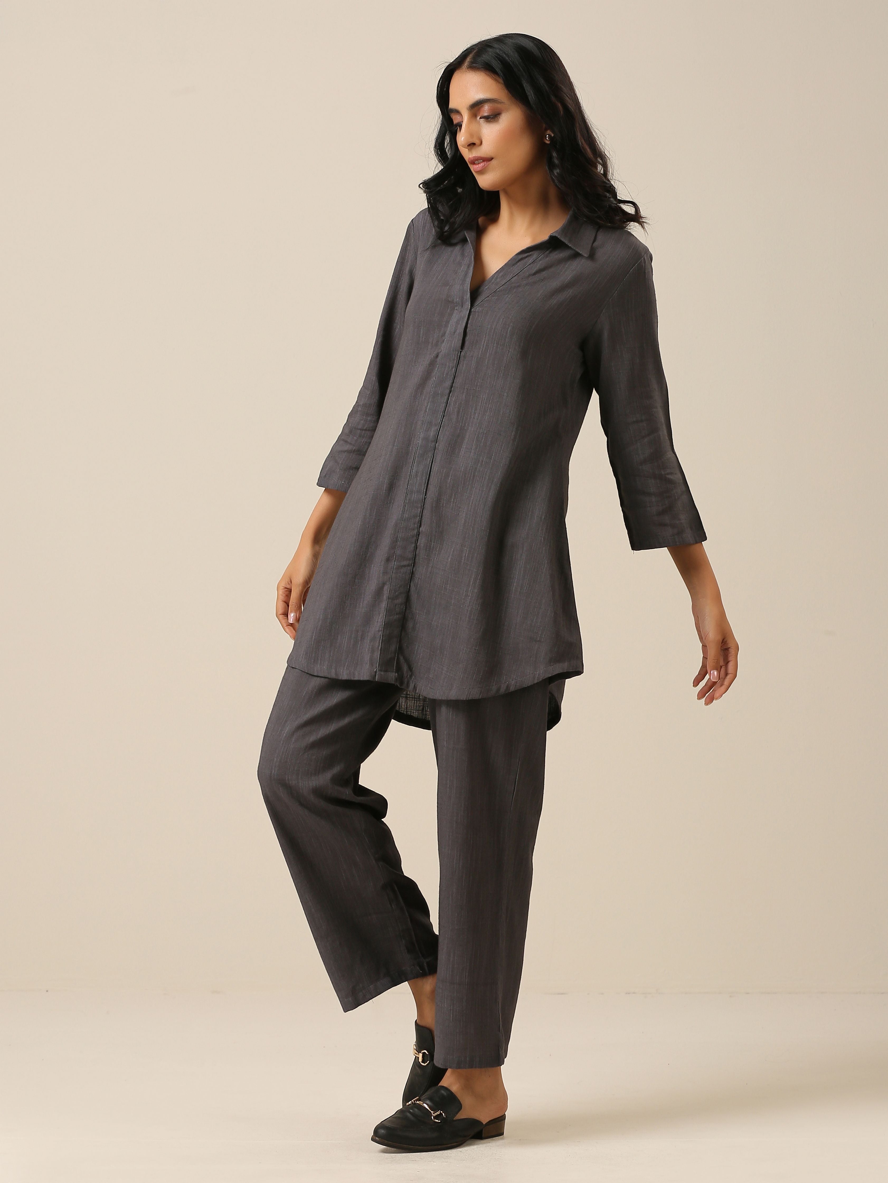 trueBrowns Slate Grey Slub Texture Collar Short Co-Ord Set - Distacart