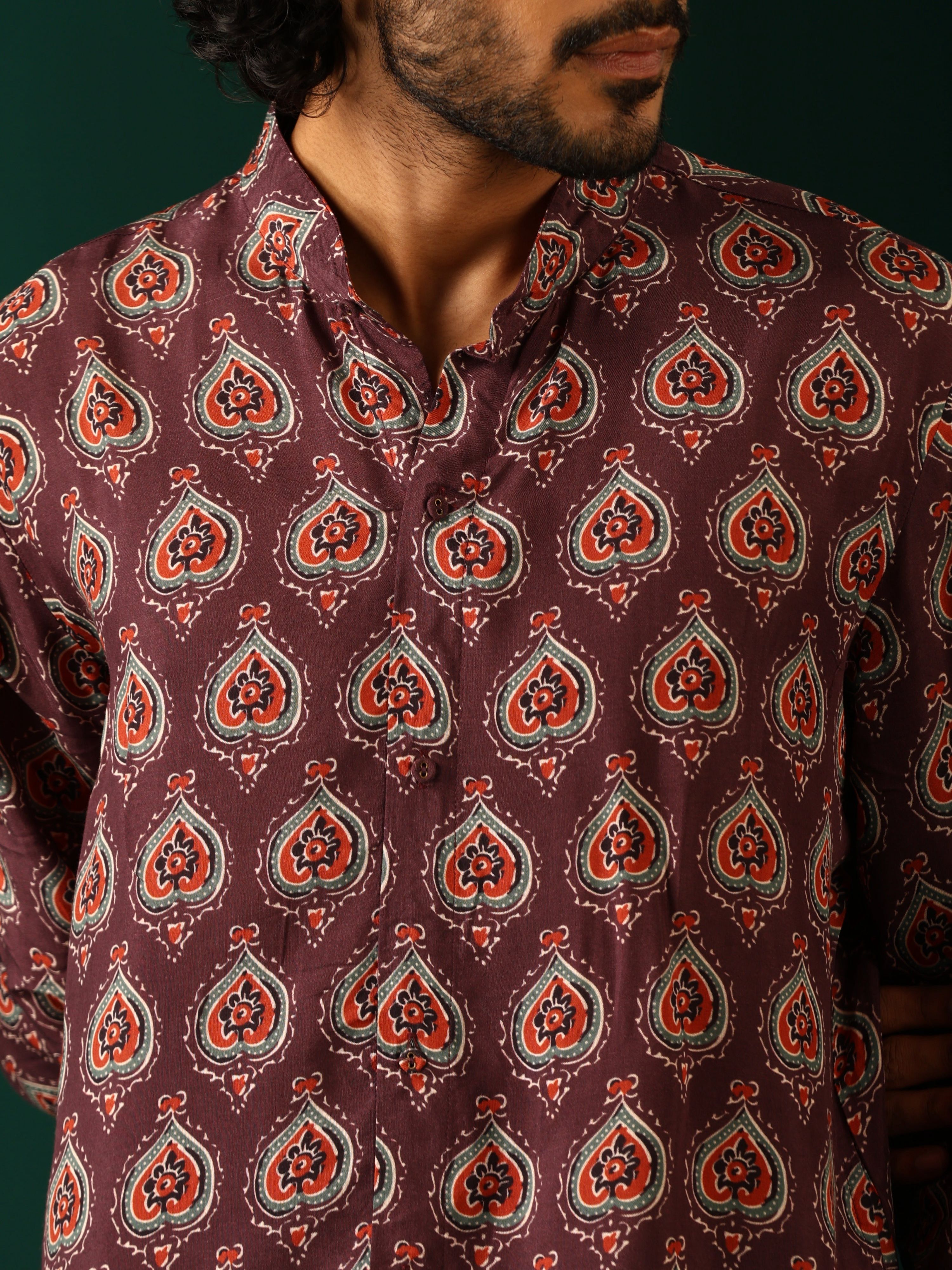 trueBrowns Men's Deep Purple Paan Muslin Silk Printed Co-ord Set - Distacart