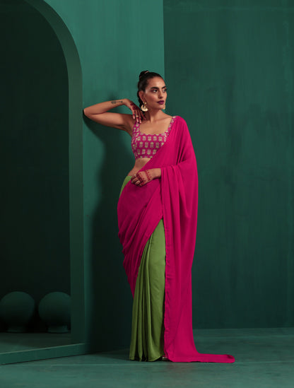 trueBrowns Green Pink Muslin Silk Ready To Wear Saree - Distacart