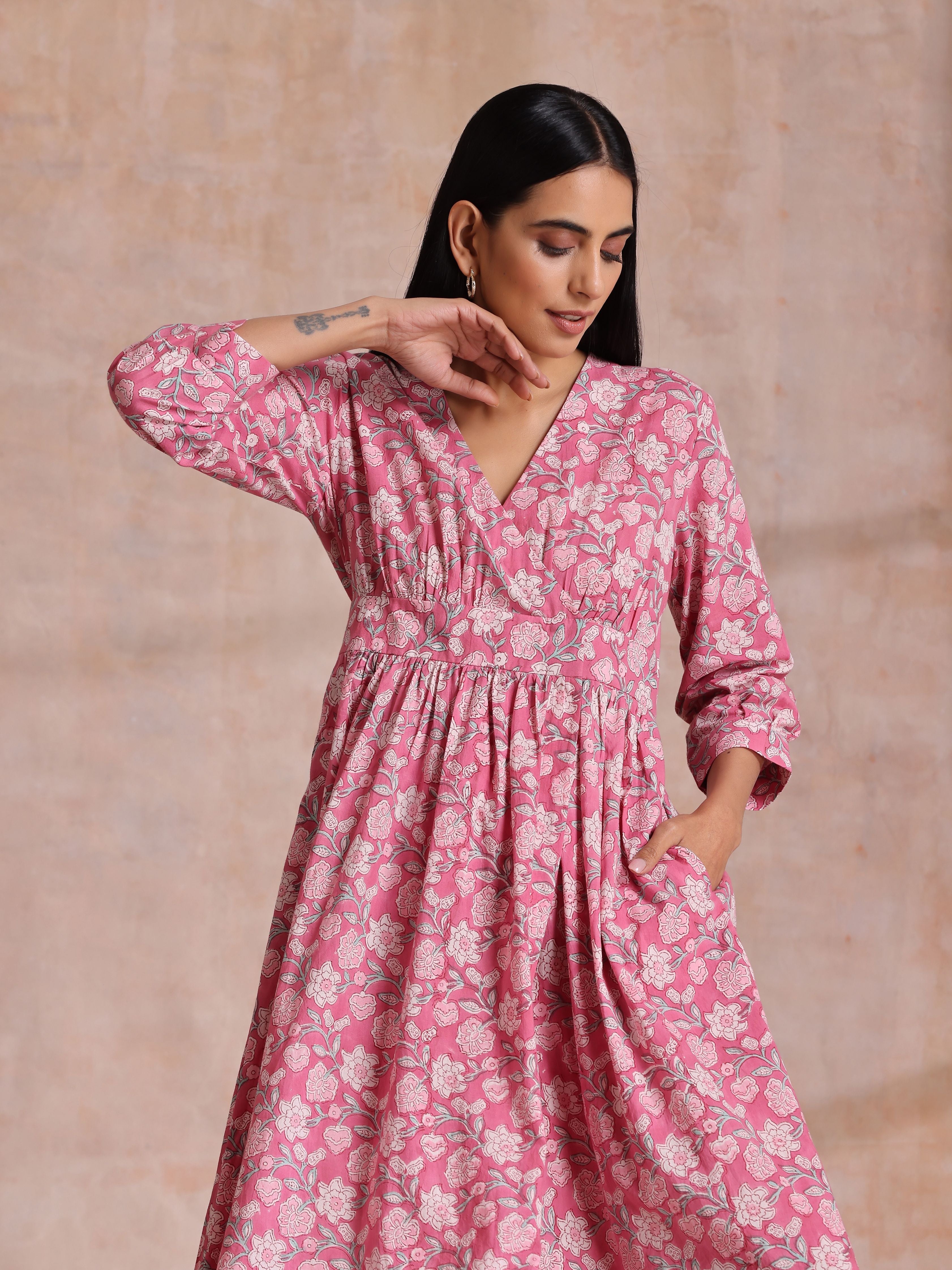 trueBrowns Pink Overall Floral Block Print Cotton Wrap Dress - Distacart