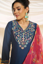 Thumbnail for BulBul Women Navy Embellished Premium Silk Straight Suit With Dupatta