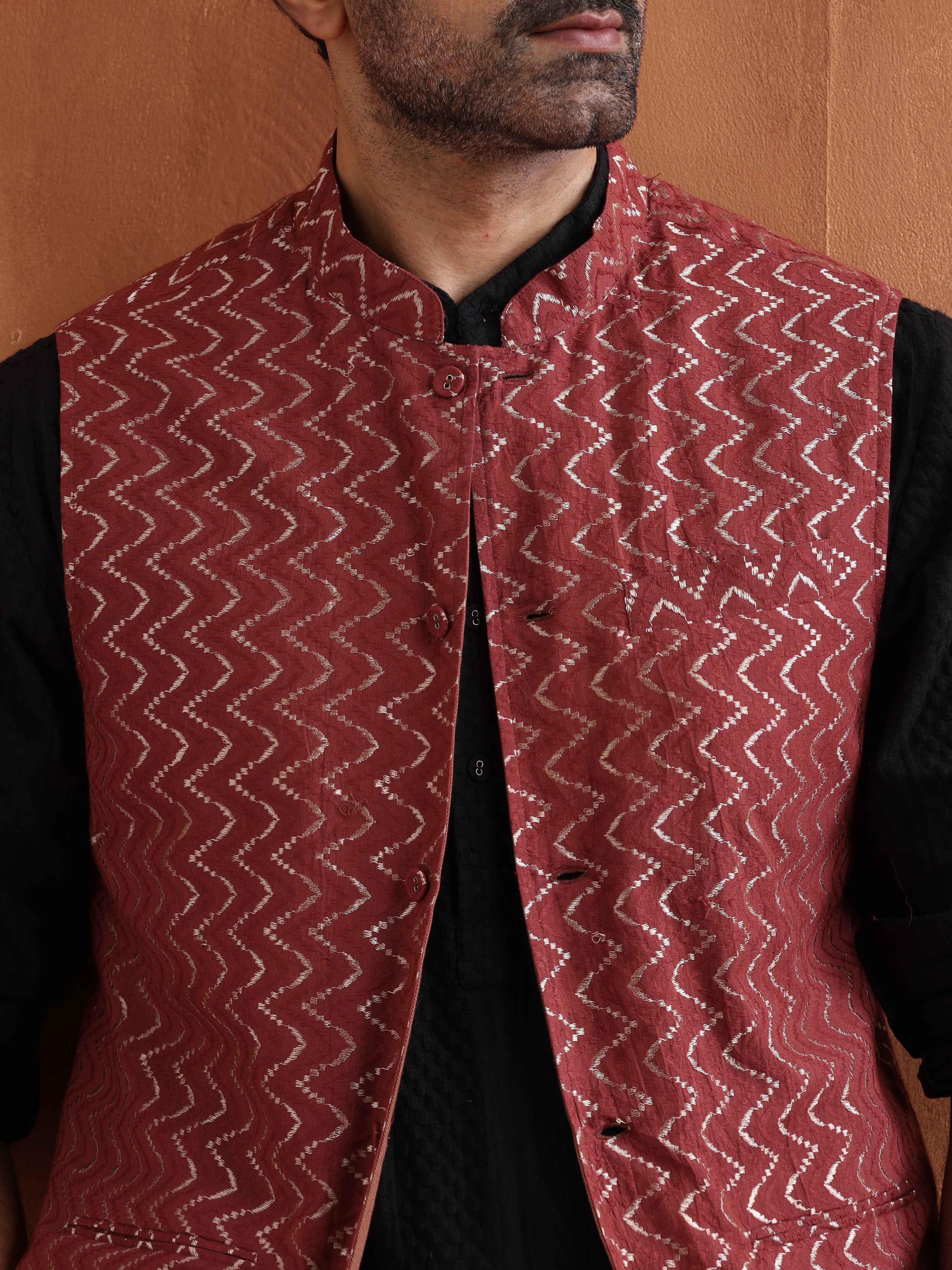 trueBrowns Men's Rust Cotton Dobby Nehru Jacket