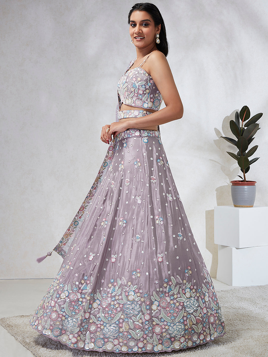 House of Panchhi Mauve Chiffon Sequins And Thread Embroidery Lehenga Choli & Dupatta - Distacart