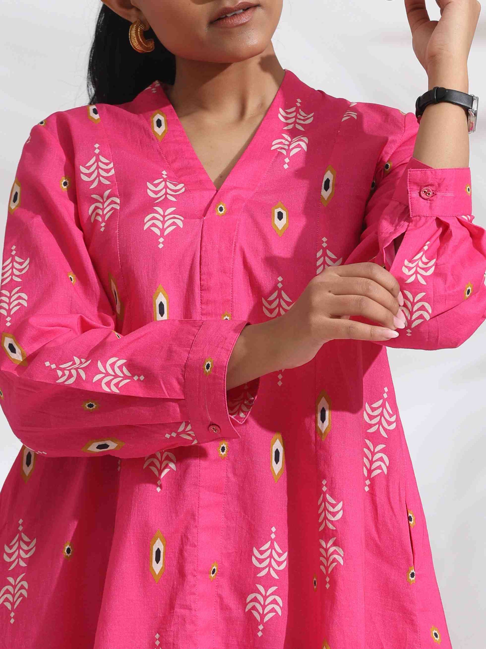 trueBrowns Pink Cotton Print Flared Top Co-ord Set - Distacart