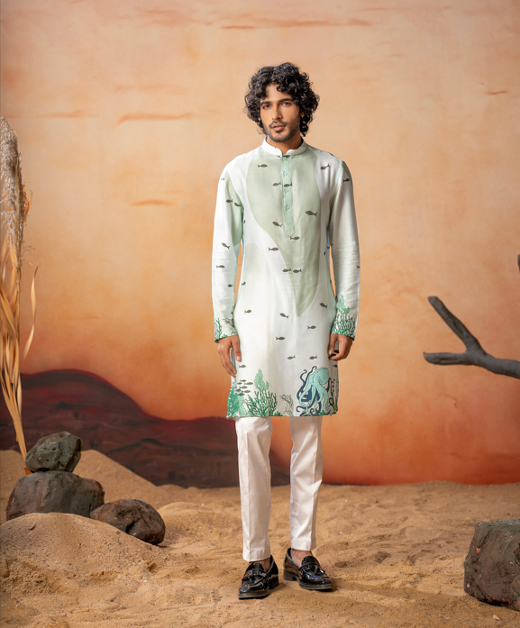 Oceanic Serenity Cotton Kurta by Hilo Design - Distacart