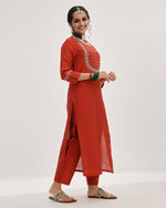 Thumbnail for Varanga Women Maroon & Silver Embroidered Straight Kurta With Solid Trouser And Printed Dupatta With Fringes