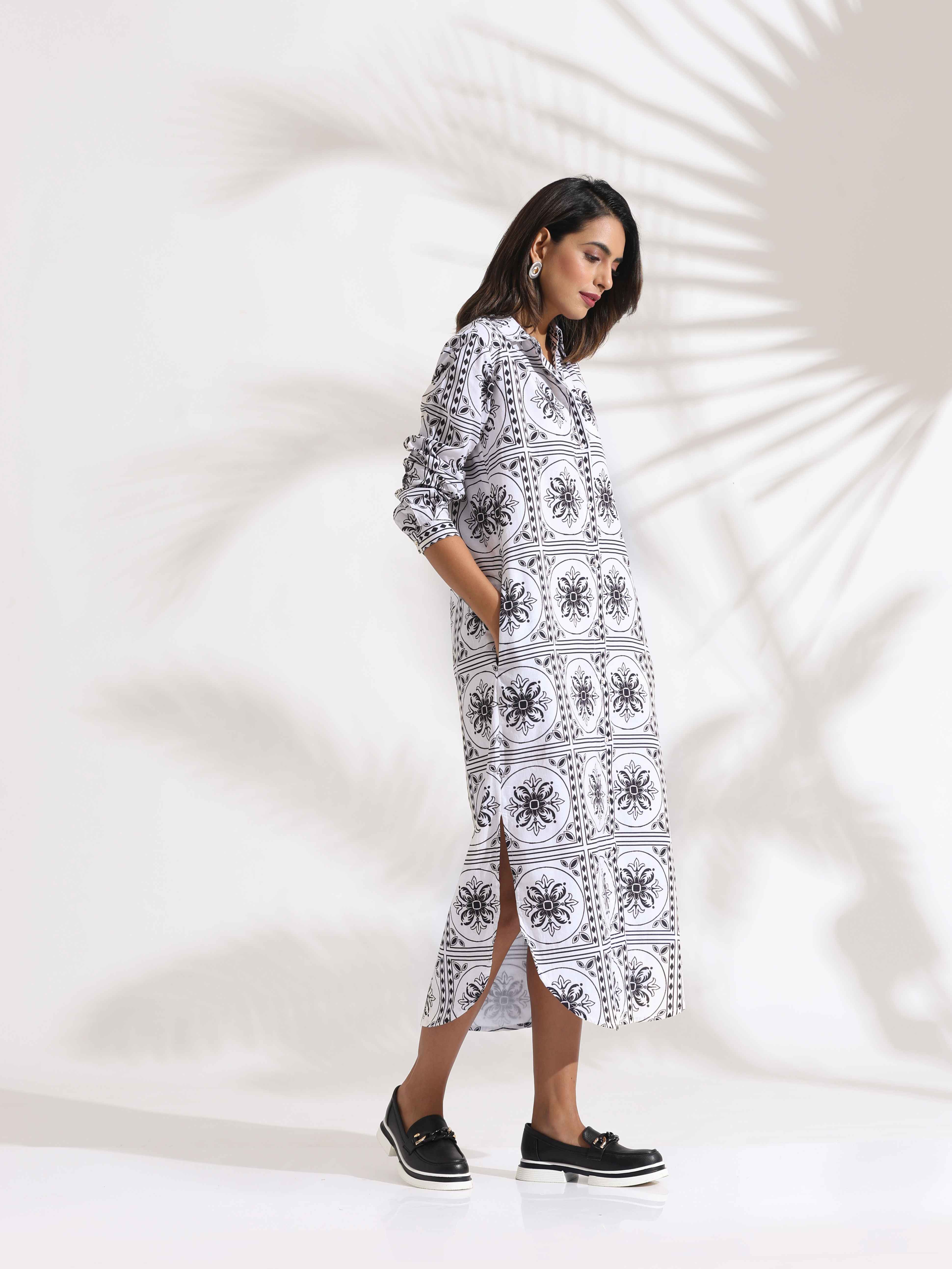 trueBrowns White Cotton Print Shirt Dress