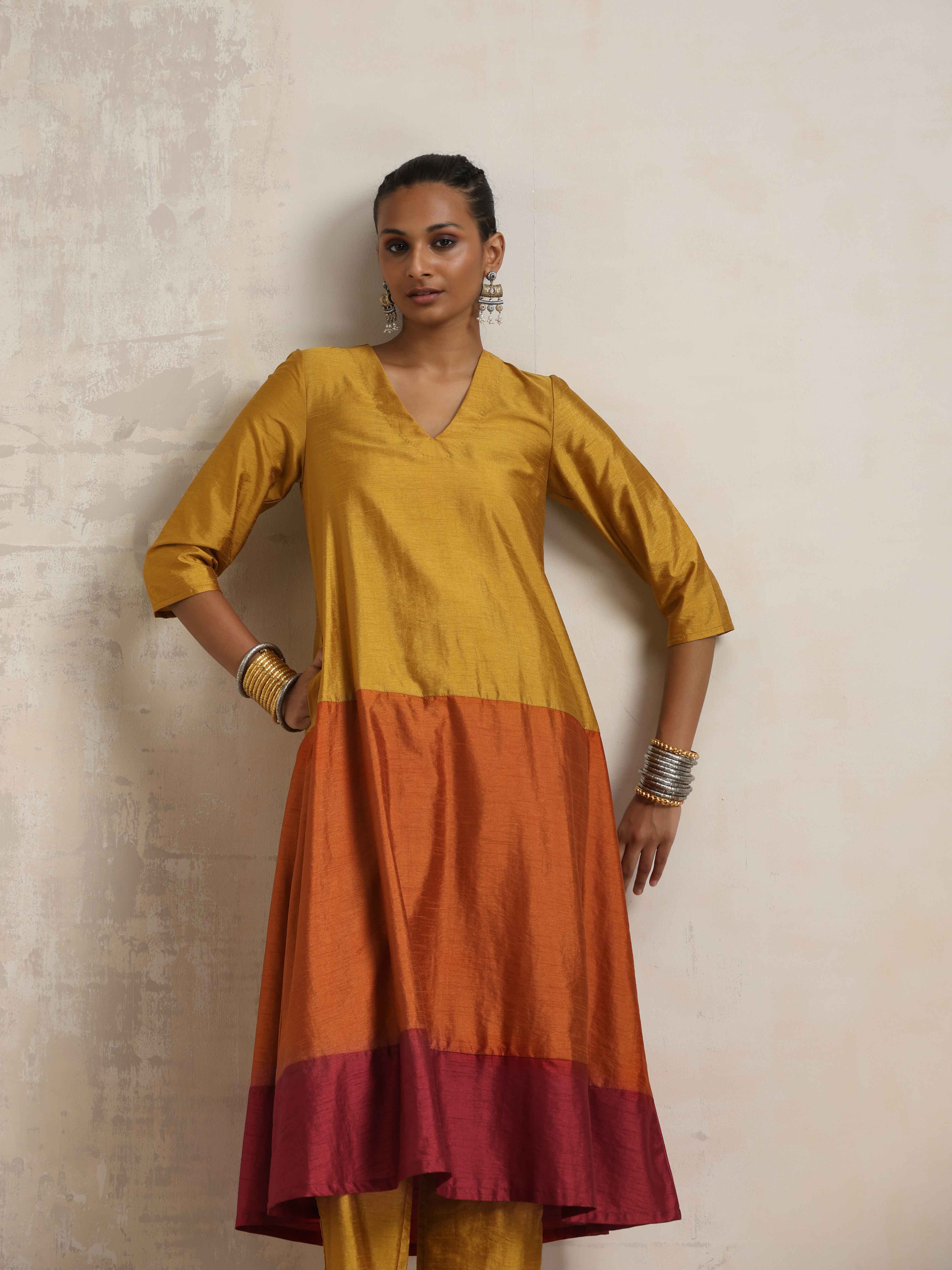 trueBrowns Gold Orange Silk A-line Kurta Set - Distacart