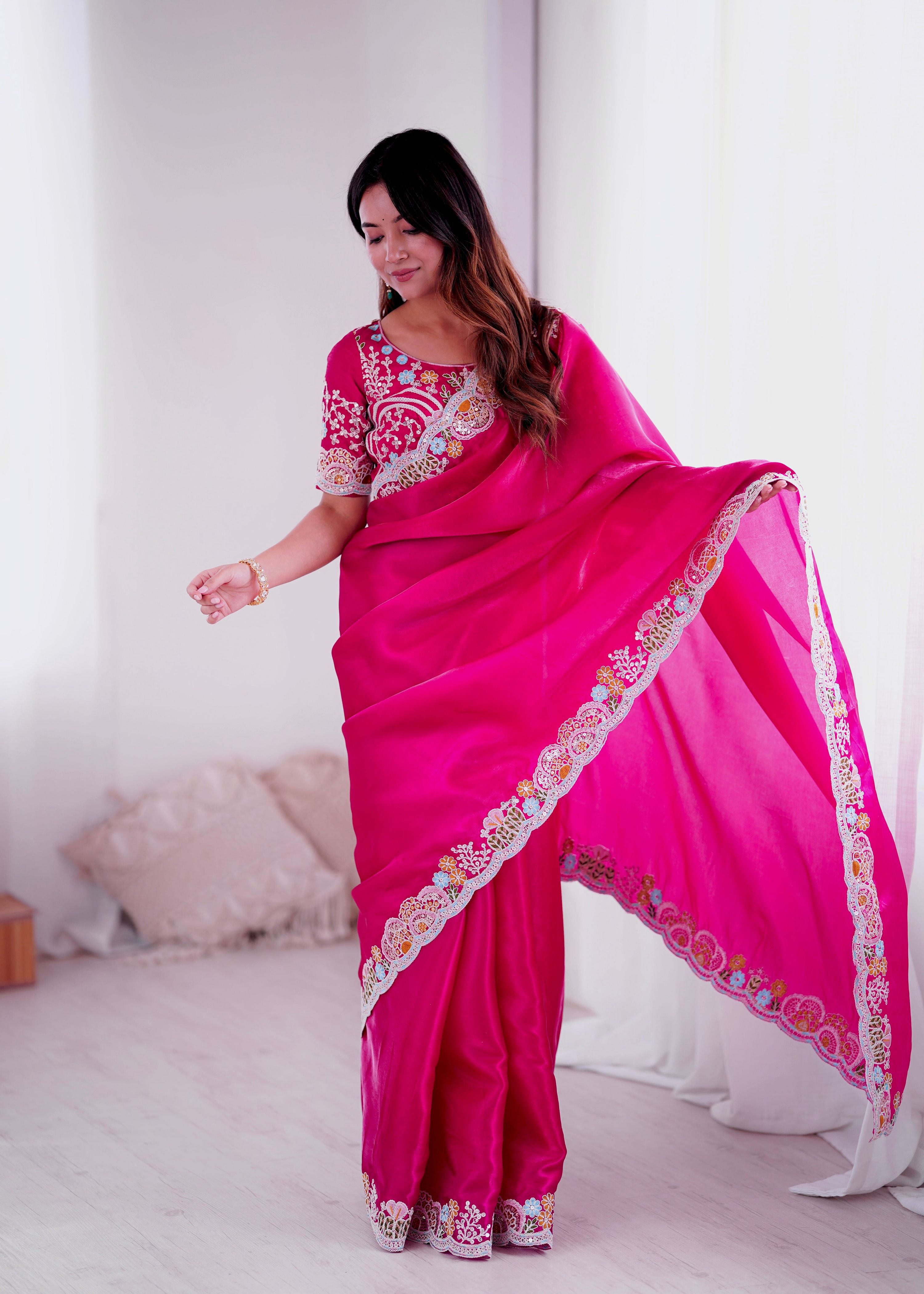 Lorenvalley Fashion Magenta Jimmy Choo with Embroidery Threads Codding & Sequins Work Saree with Blouse