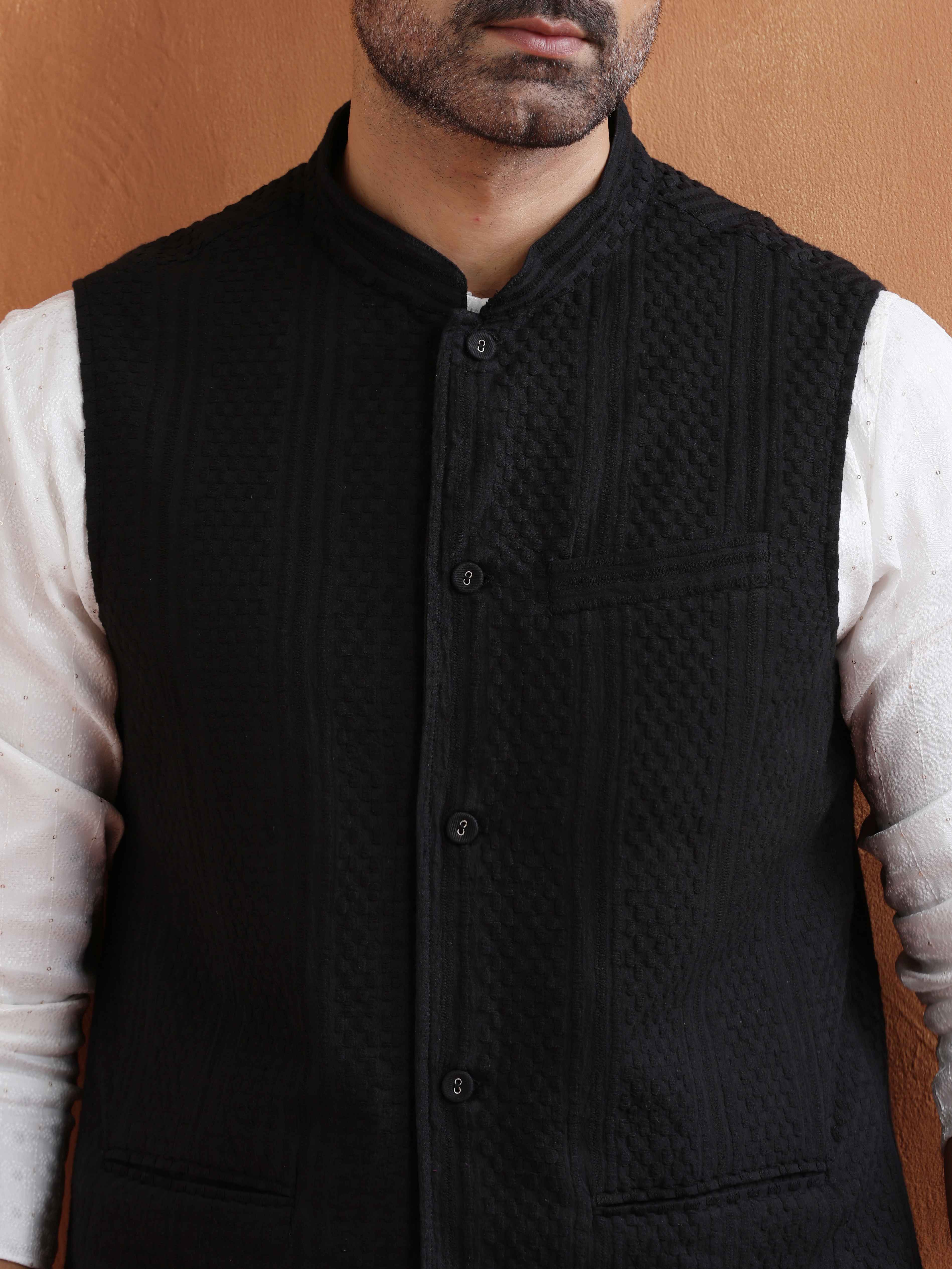 trueBrowns Men's Black Textured Cotton Dobby Nehru Jacket