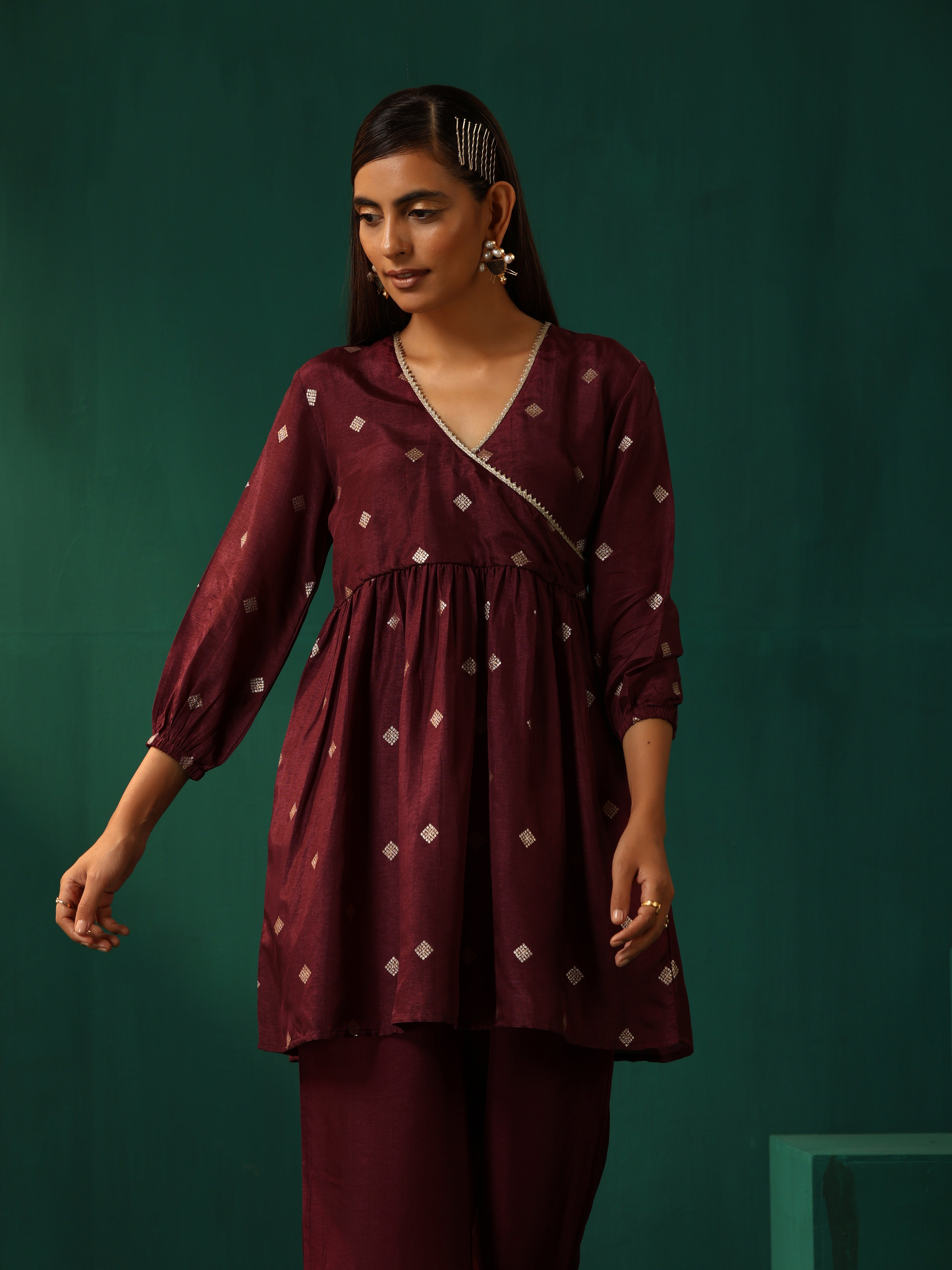trueBrowns Wine Diamond Viscose Silk Waist Gathered Co-ord Set - Distacart