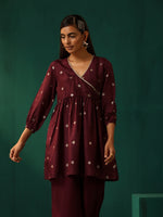 Thumbnail for trueBrowns Wine Diamond Viscose Silk Waist Gathered Co-ord Set - Distacart