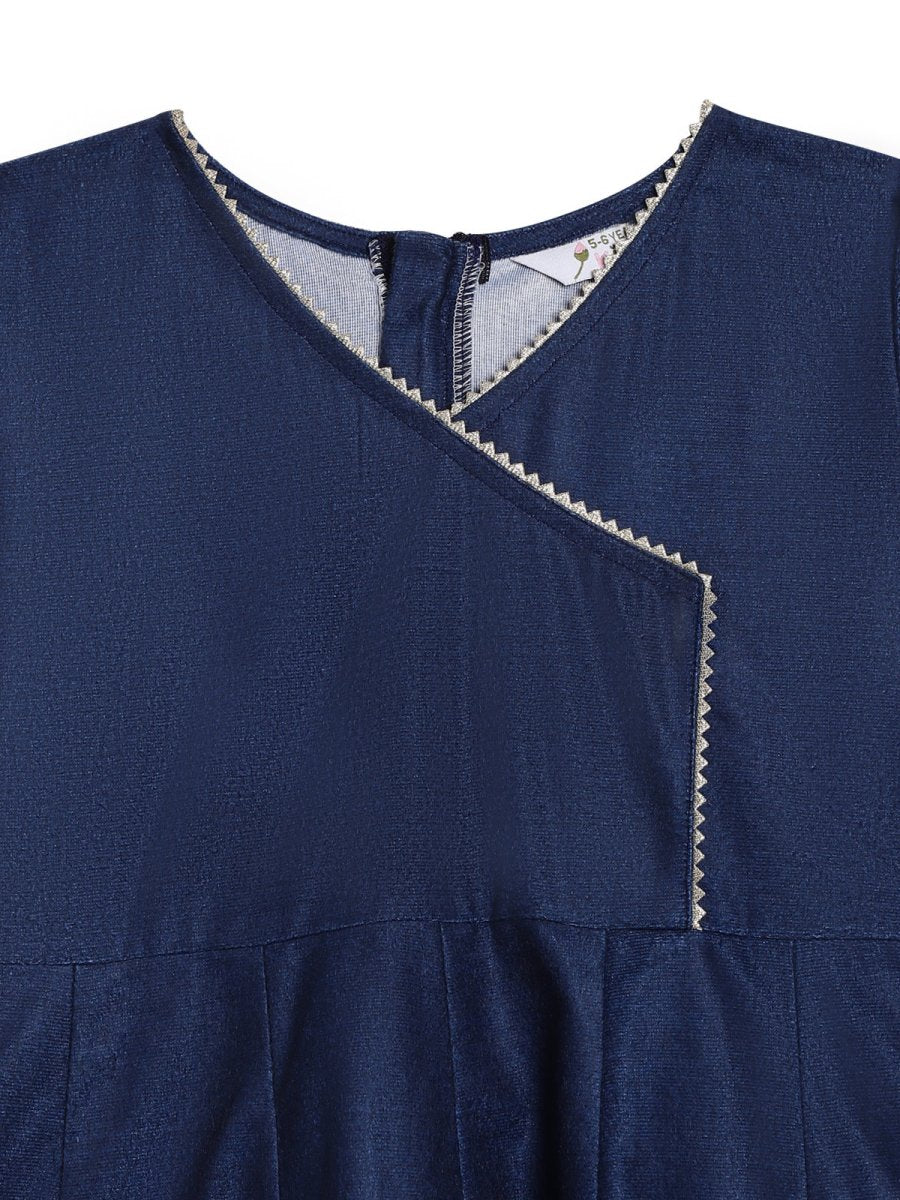 Ahalyaa Girls Navy Blue Velvet Angrakha Gotta Patti Kids Kurta with Palazzos - Distacart