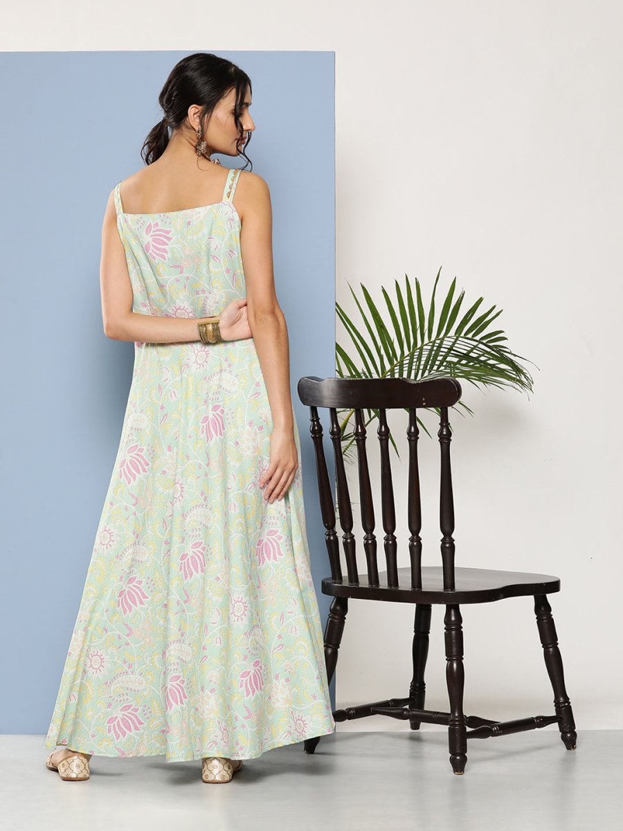 Ahalyaa Women Sea Green Floral Printed Empire Gotta Patti Kurta with Trousers - Distacart