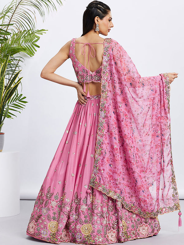 House of Panchhi Lime Green Chiffon Sequins And Thread Embroidery Lehenga Choli & Dupatta - Distacart