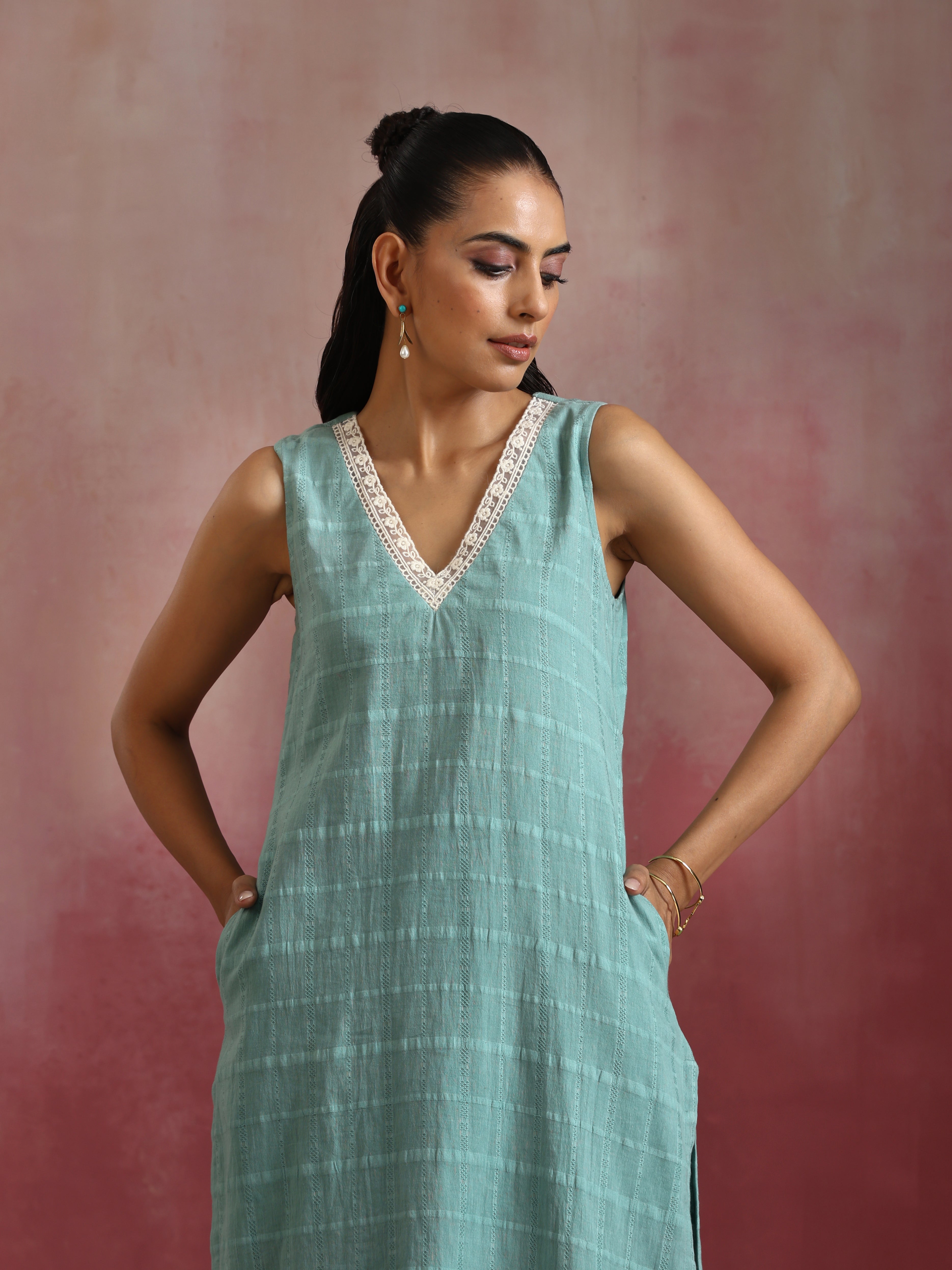 trueBrowns Aqua Blue Cotton Dobby High low Kurta Set - Distacart