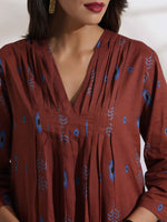 Thumbnail for trueBrowns Brown Cotton Print Pleated Top & Pants Co-ord Set