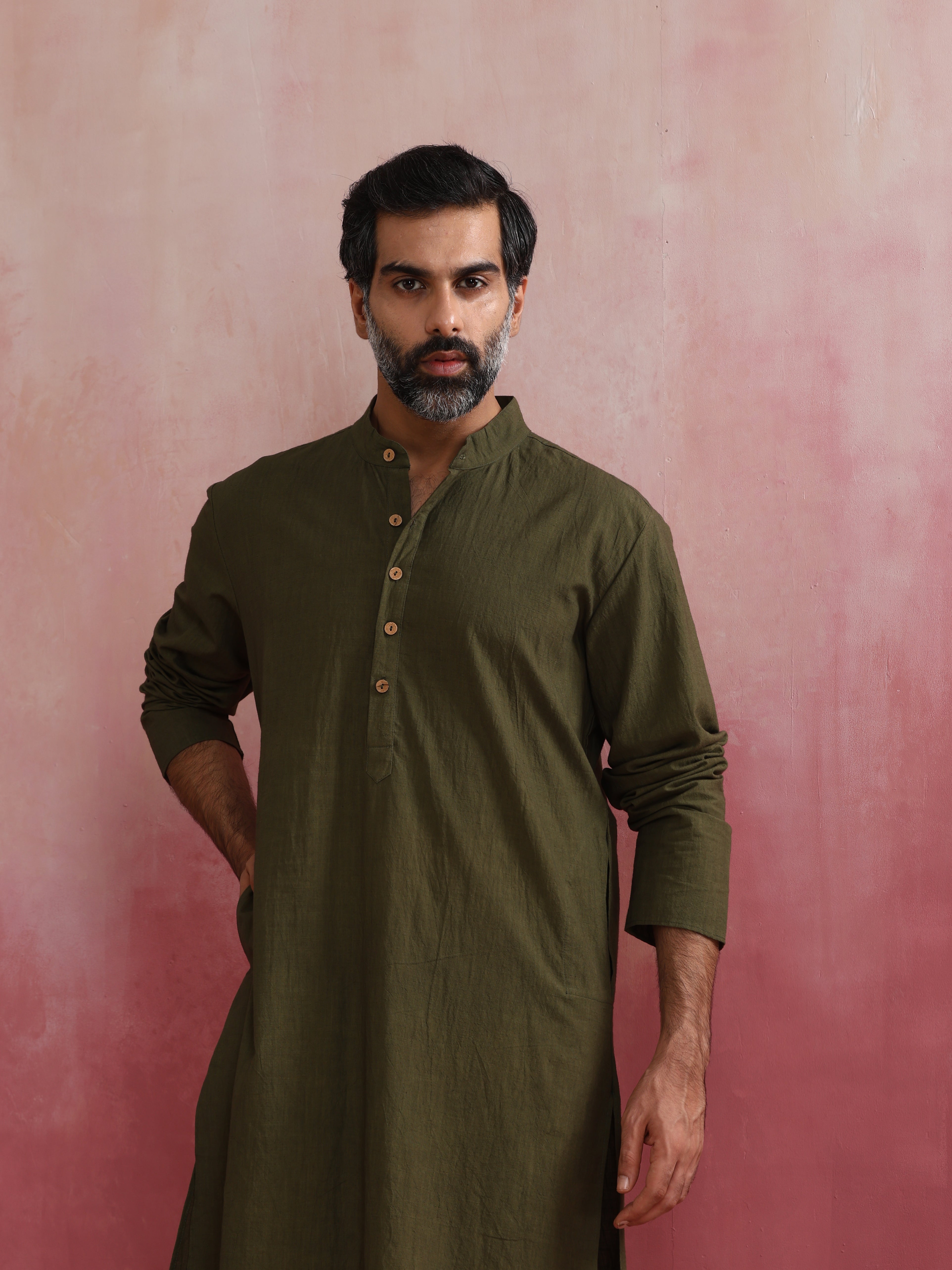 trueBrowns Men's Olive green Mandarin Collar Kurta - Distacart