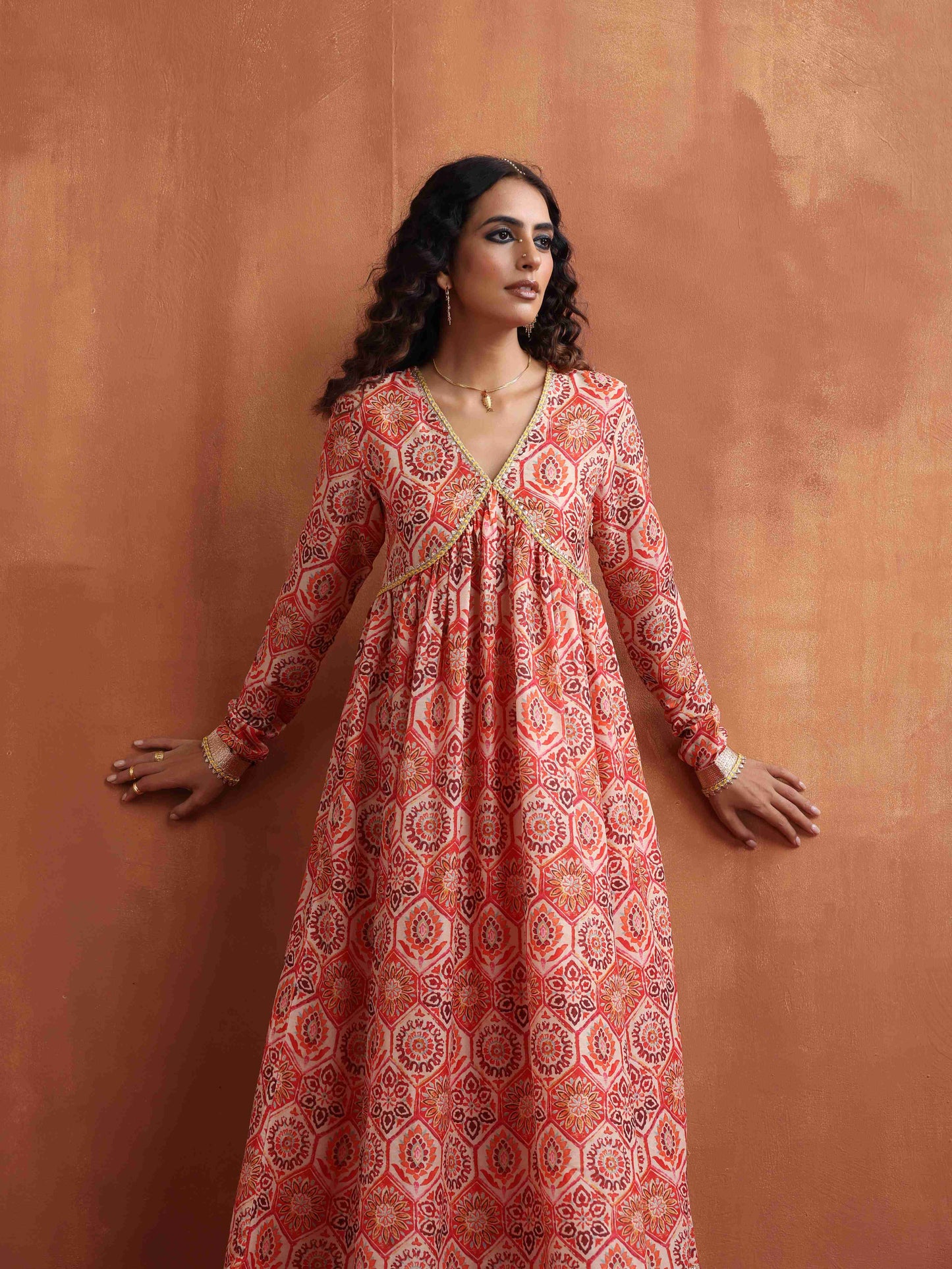 trueBrowns Beige Print Flared Anarkali Kurta Set - Distacart