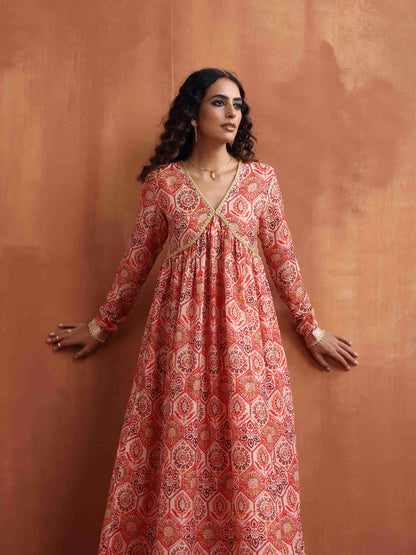trueBrowns Beige Print Flared Anarkali Kurta Set - Distacart