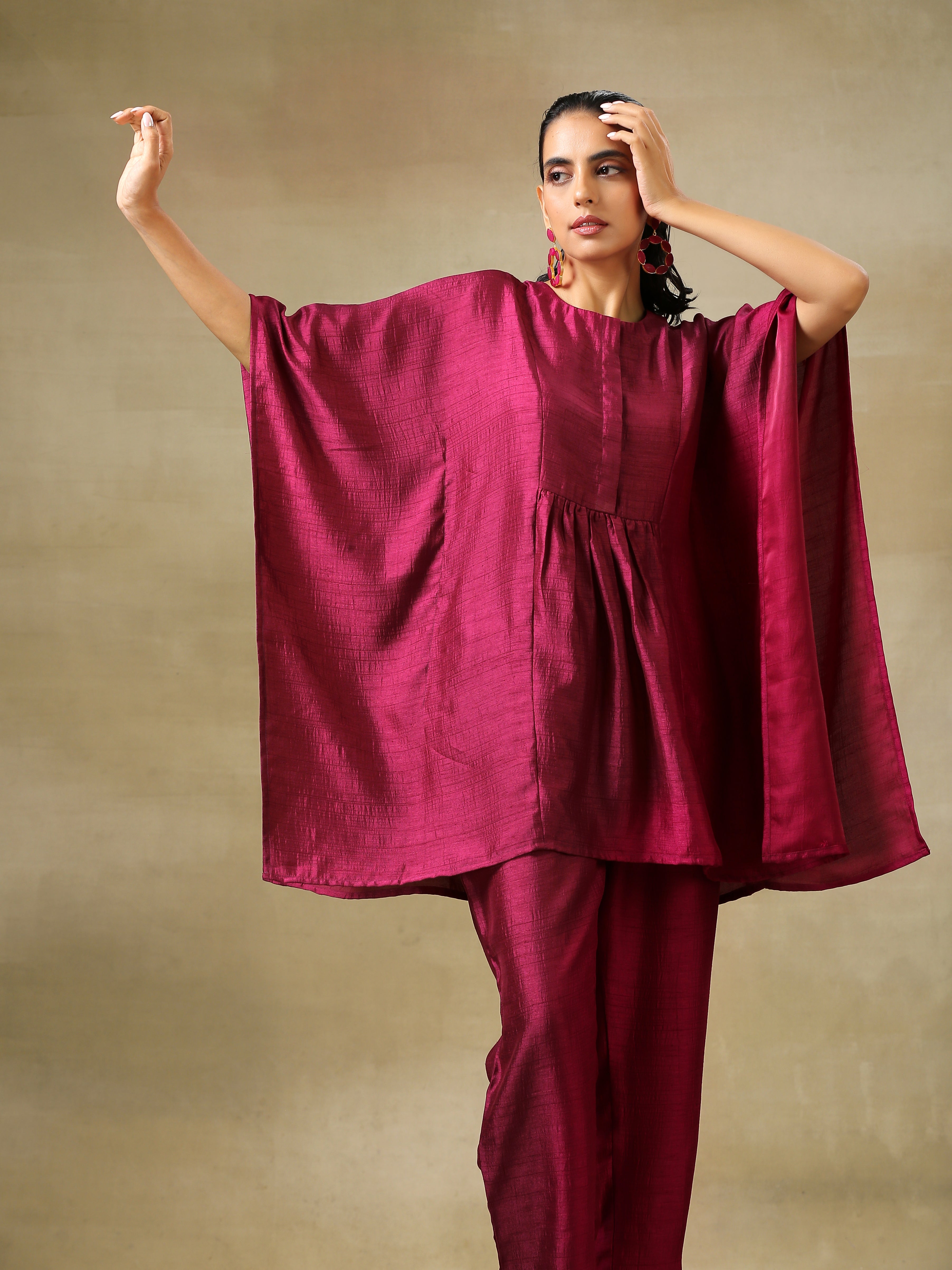 trueBrowns Purple Textured Silk Gathered Kaftan Co-Ord Set - Distacart