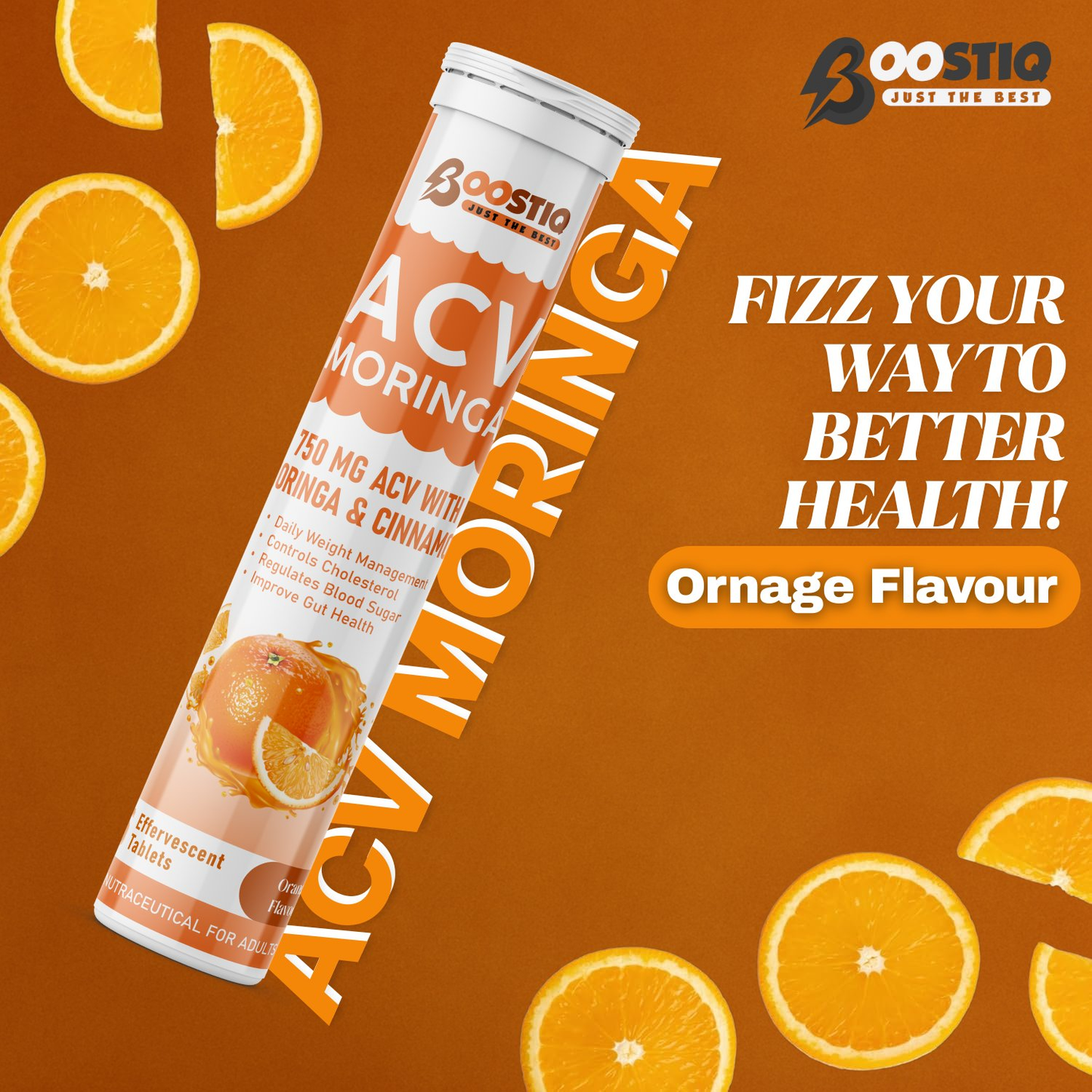 BOOSTIQ ACV Moringa & Cinnamon Effervescent Tablets - Orange Flavour - Distacart