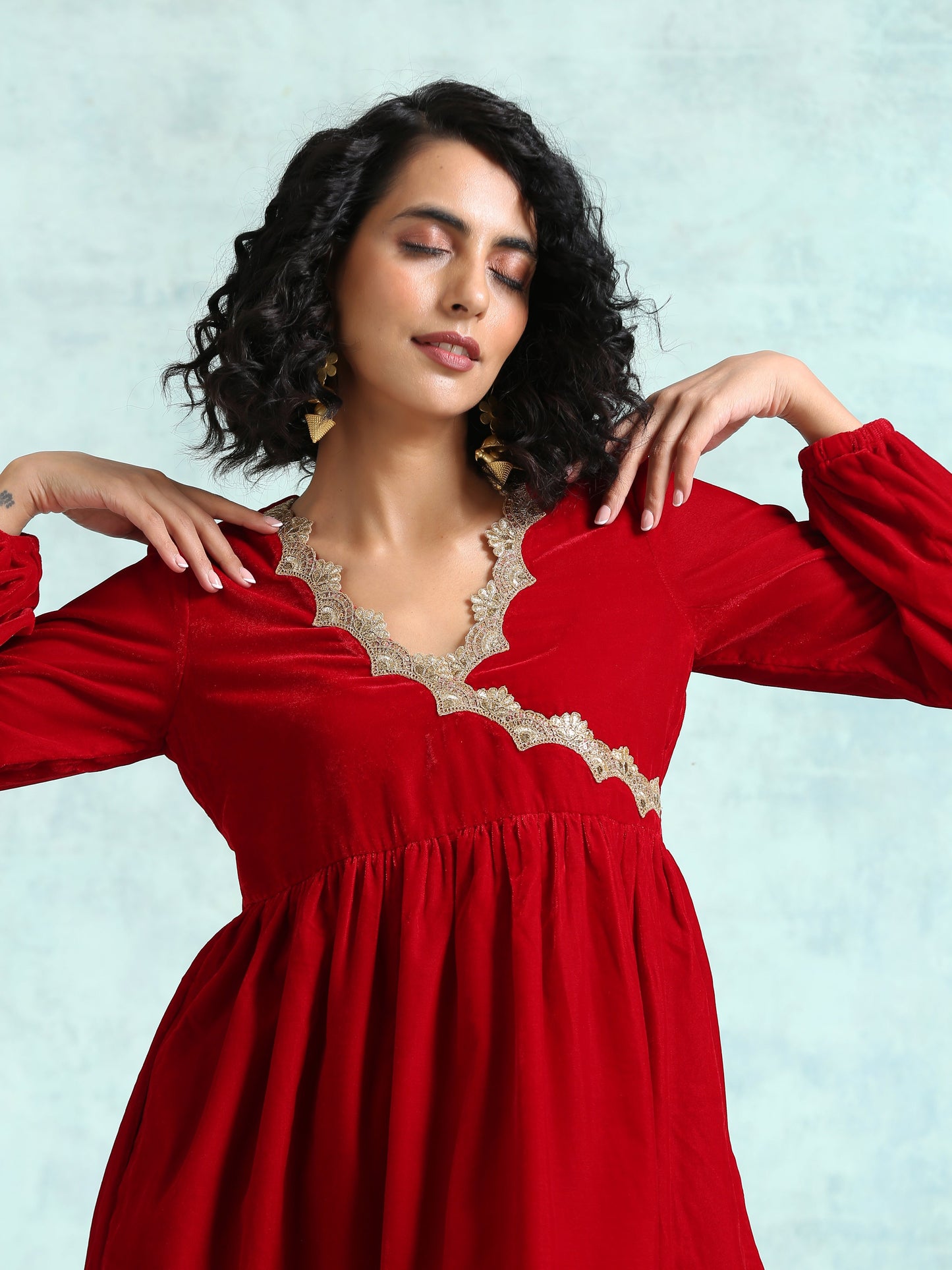 trueBrowns True Red Velvet Lace Co-Ord Set - Distacart