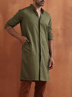 Thumbnail for trueBrowns Men's Olive Green Cotton Front Open Kurta