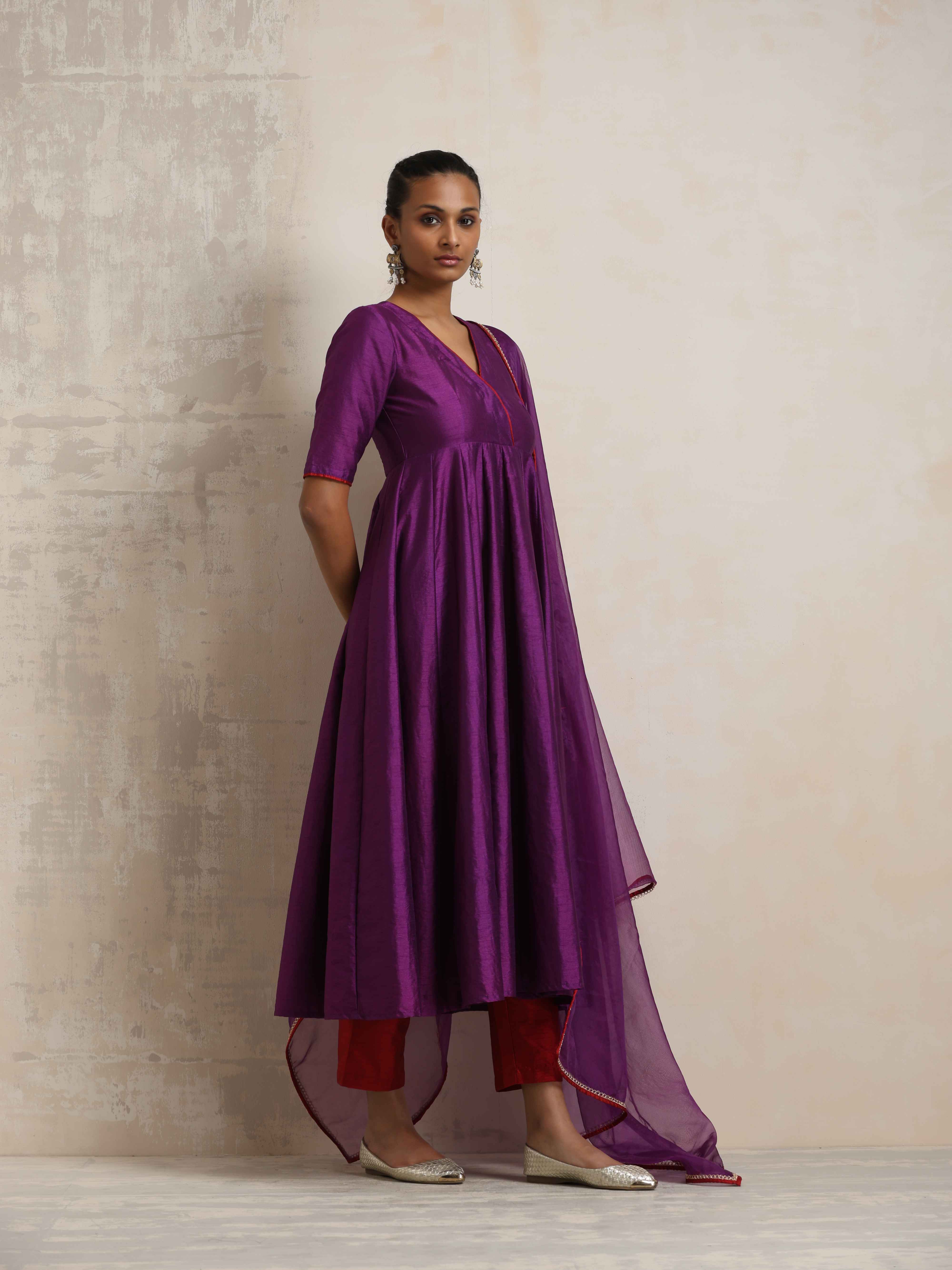 trueBrowns Purple Silk Anarkali Kurta Pant Dupatta Set - Distacart