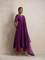 Thumbnail for trueBrowns Purple Silk Anarkali Kurta Pant Dupatta Set - Distacart