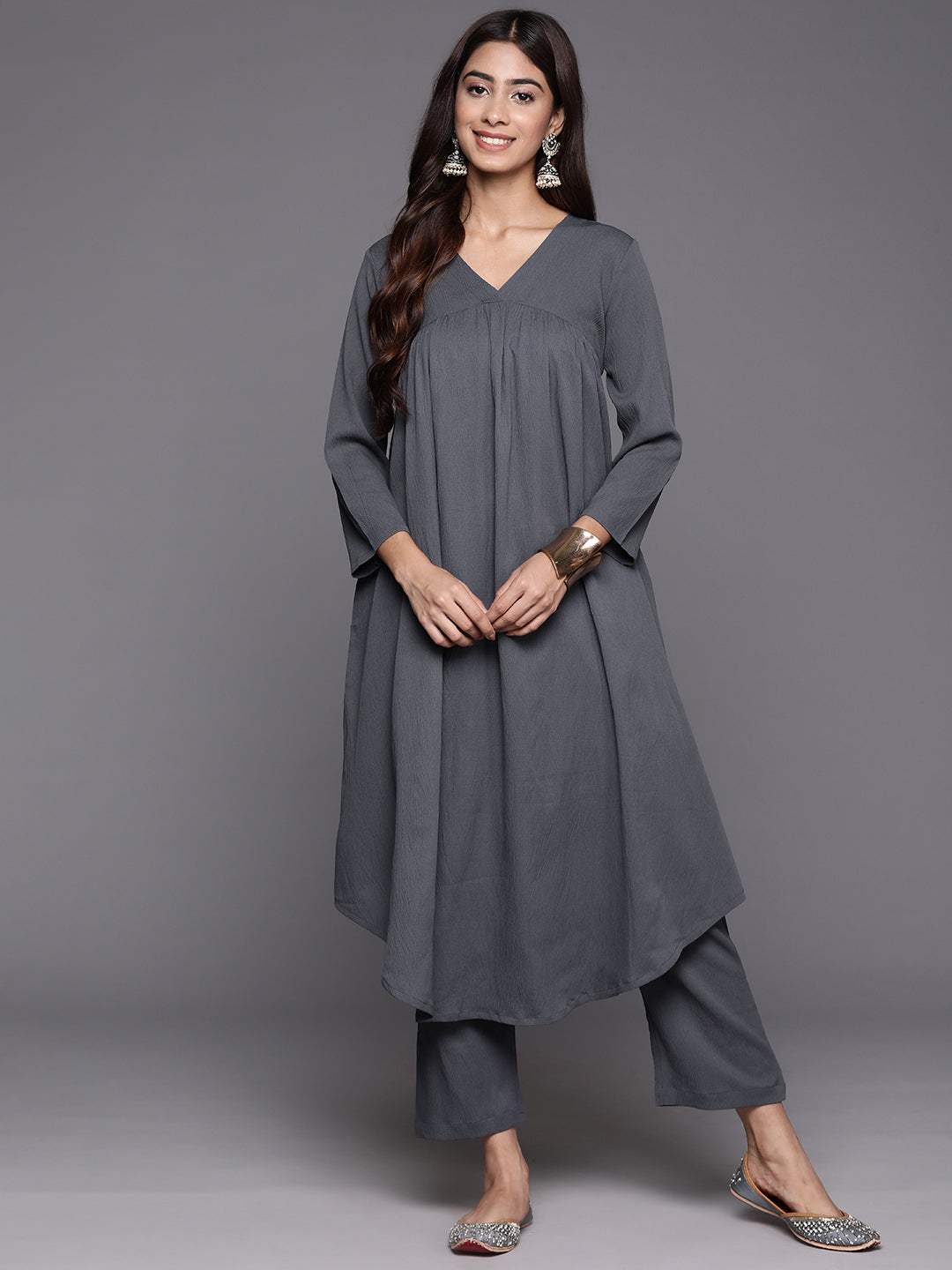 Varanga Women Grey Empire Gathered Details A-Line Kurta Paired With Tonal Bottom - Distacart