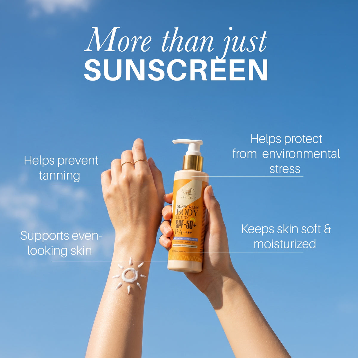 Velleja 2-in-1 Sunscreen Body Lotion SPF 50 PA++++ with 5% Niacinamide & Ceramides - Dista