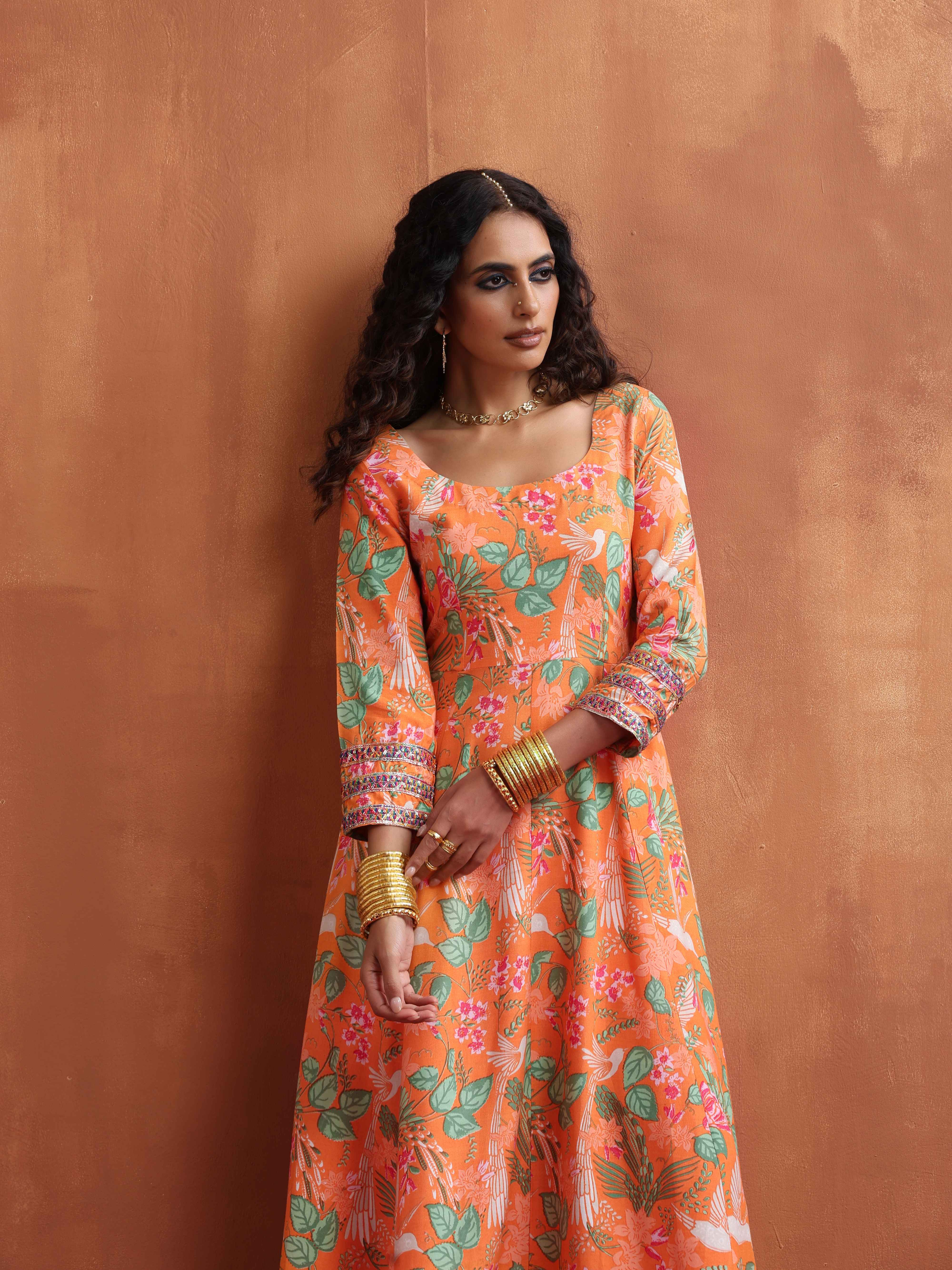 trueBrowns Orange Print Flared Anarkali Kurta Set - Distacart