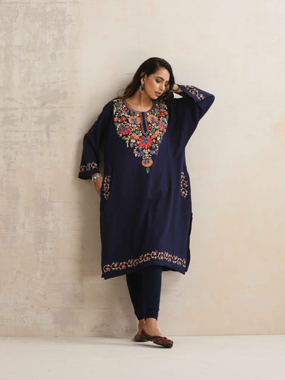 trueBrowns Blue Kashmiri Floral Embroidered Woollen Phiran Kurta - Distacart