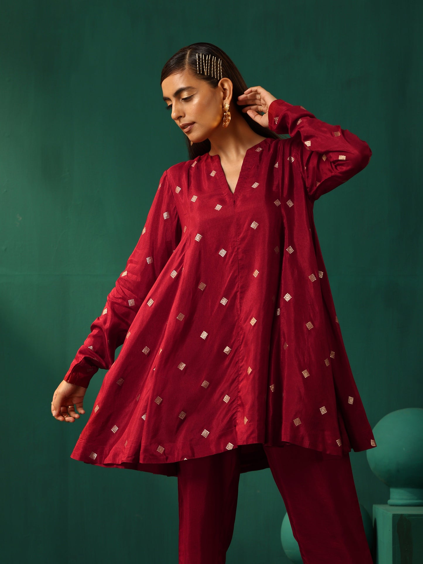 trueBrowns Maroon Diamond Viscose Silk Relaxed Co-ord Set - Distacart