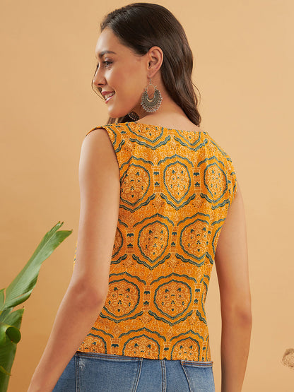 InWeave Haldi Yellow Mughal Kalamkari W/U Top - Distacart