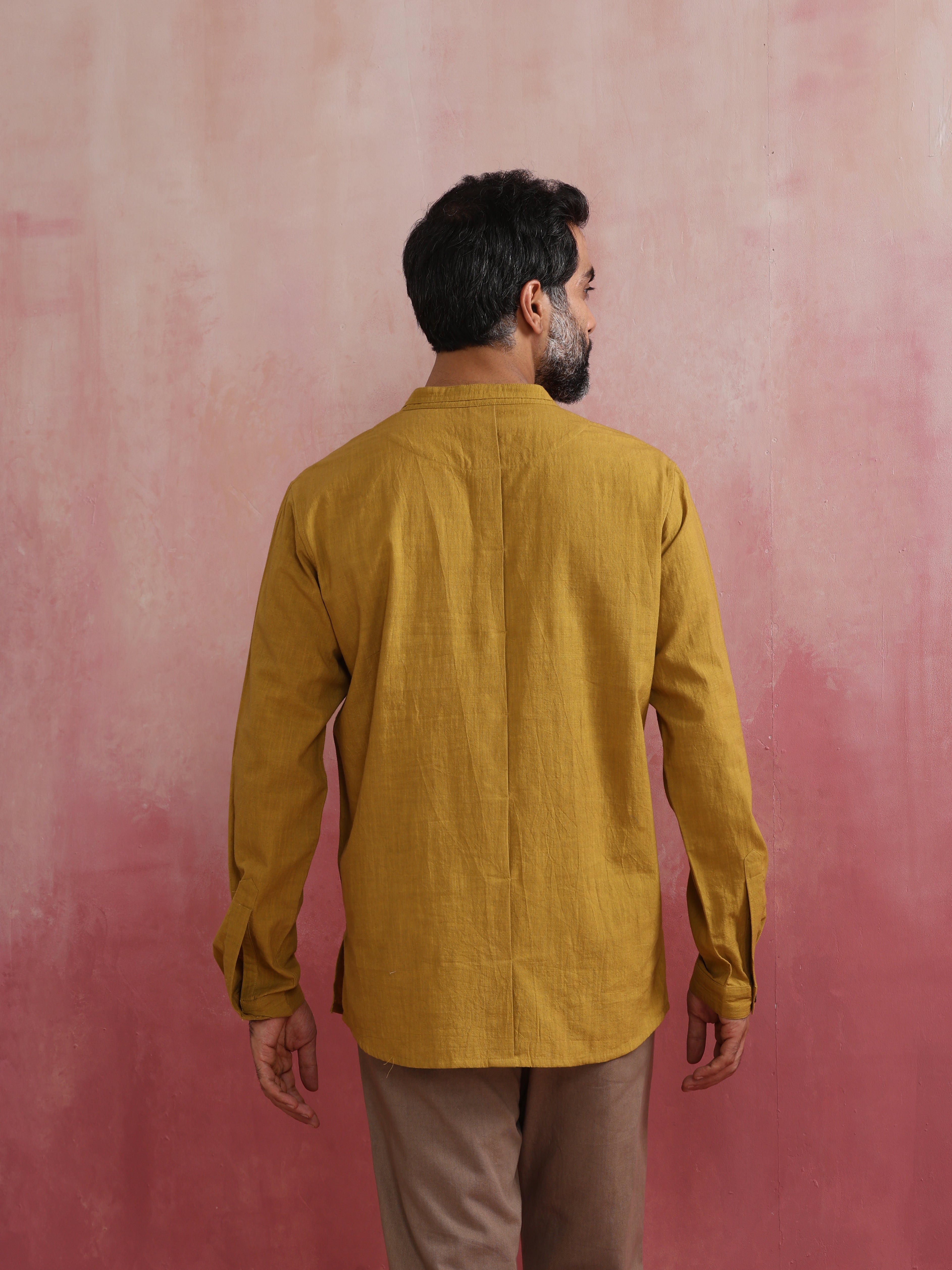 trueBrowns Men's Mustard Cotton Mandarin Collar Stylized Kurta - Distacart