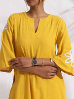 Thumbnail for trueBrowns Yellow Cotton Slub Embroidered Straight Kurta Set